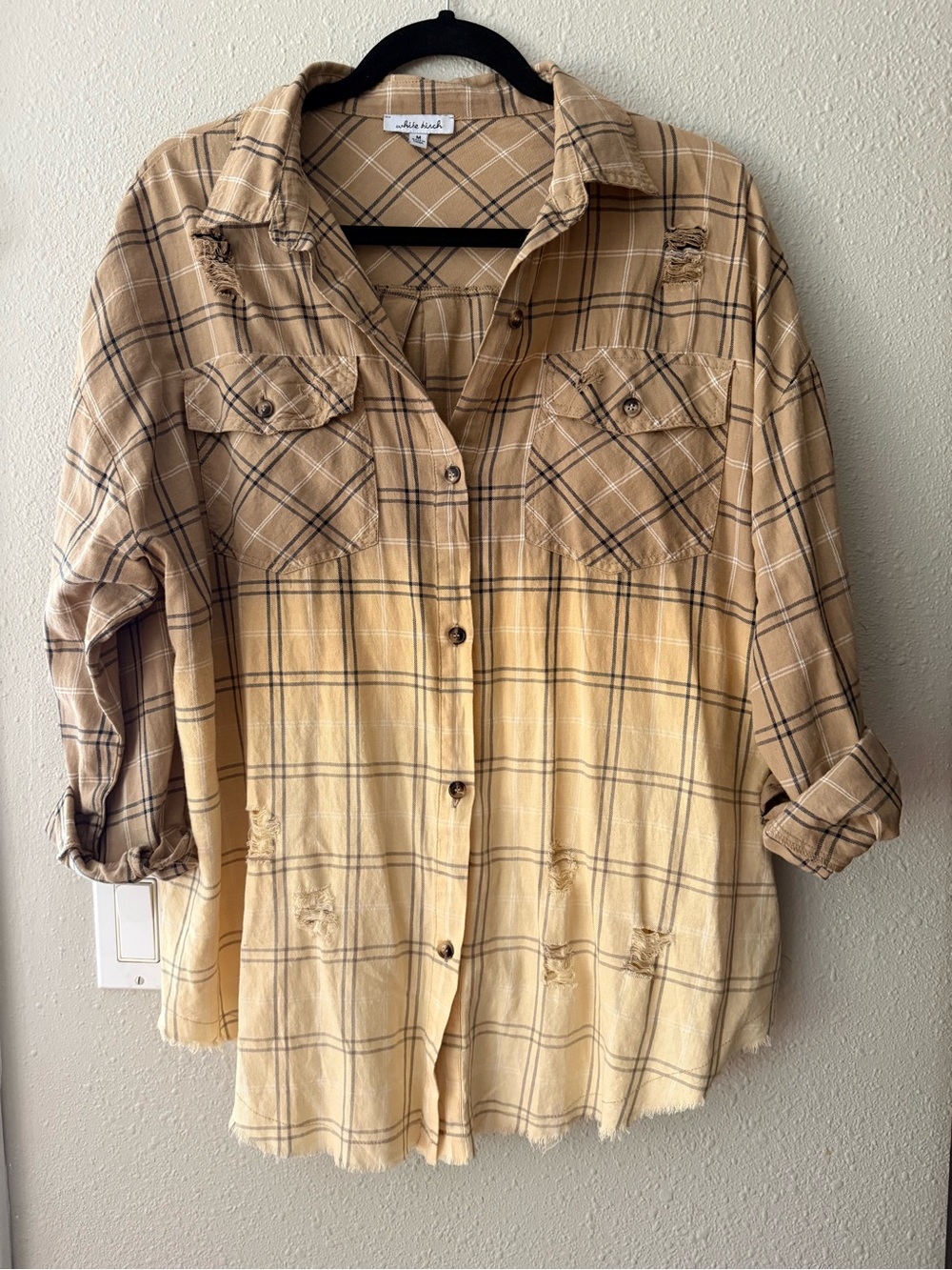 White Birch Distressed dipped Plaid Button Down Shirt/ flannel